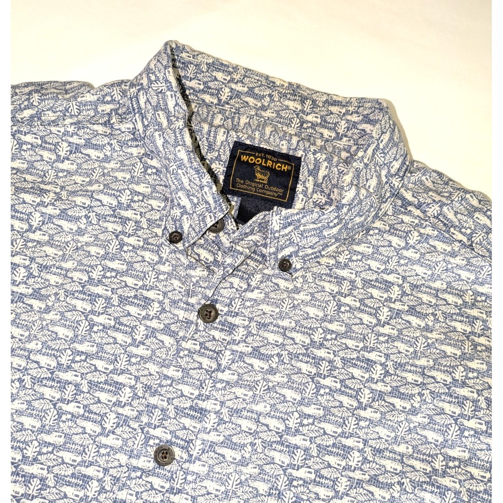 Woolrich Mens Button Down Shirt 2XL Blue White Print Short Sleeve Cotton Novalty